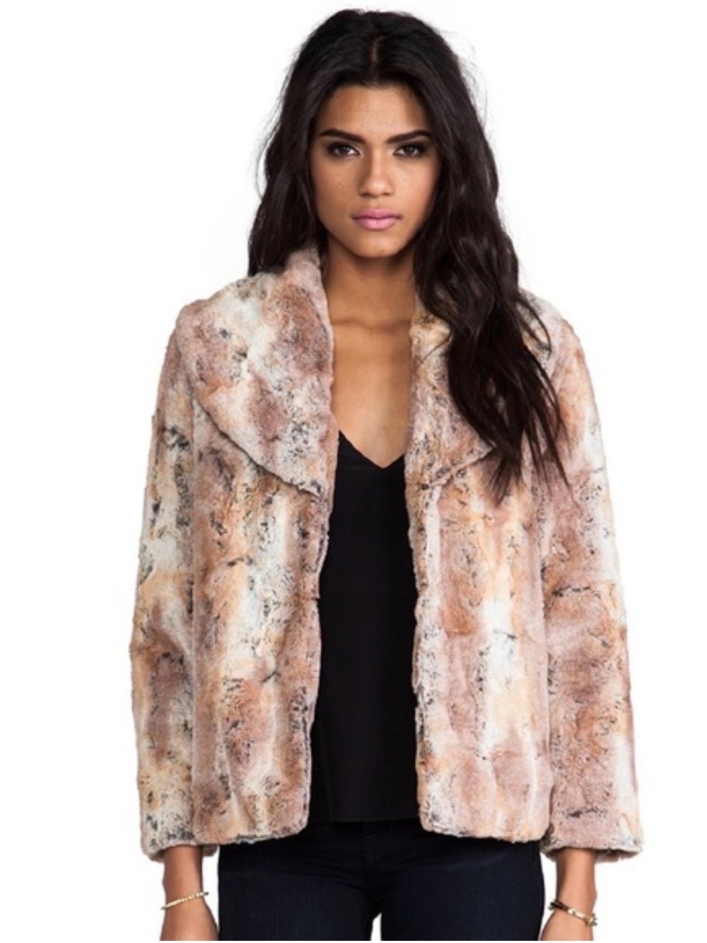 Alice + Olivia Plush Faux Fur Teddy Jacket in Tan and Cream